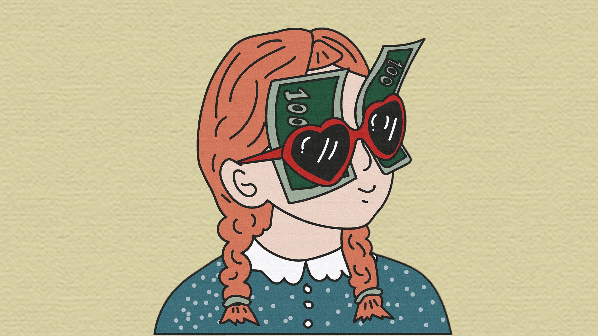 Illustration av en person med rött flätad hår som bär hjärtformade solglasögon och håller upp mobiltelefoner.