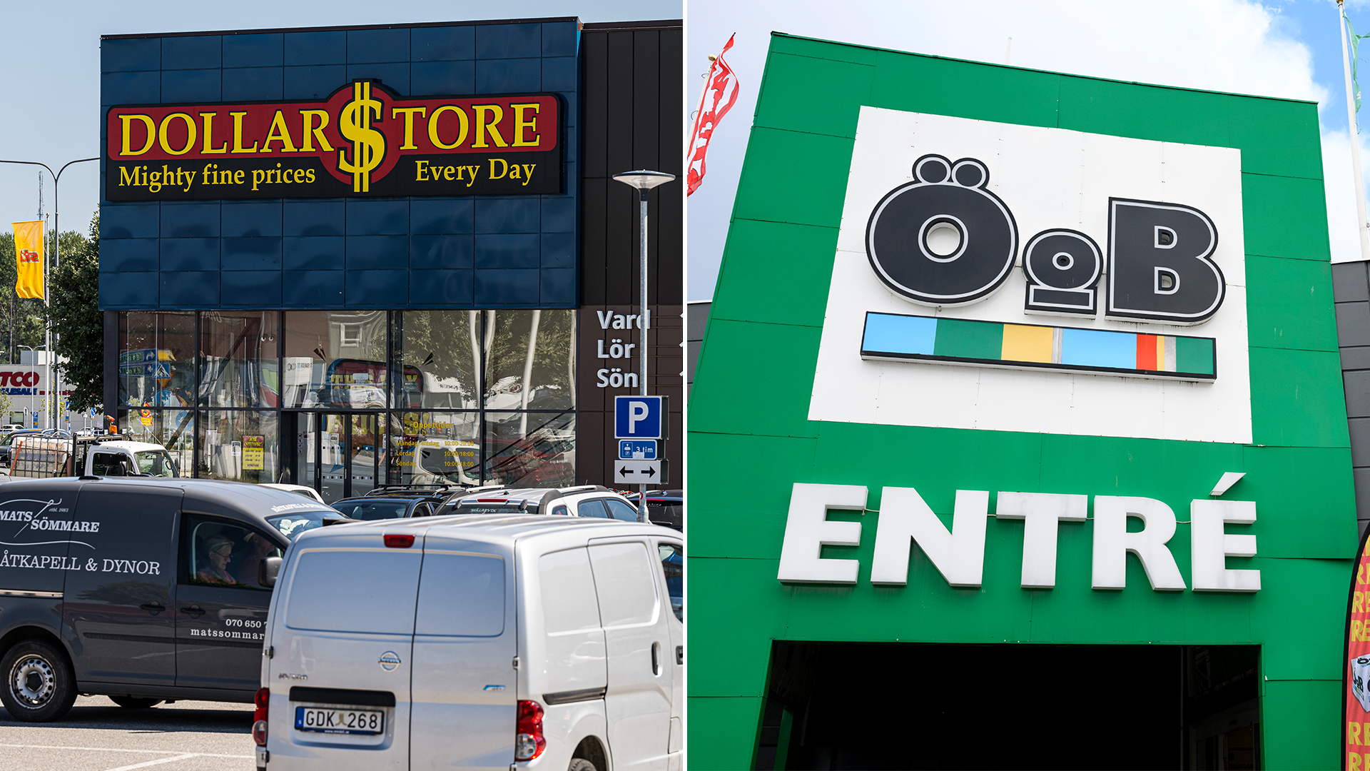 Två butiksfasader: Dollarstore med blå skylt och ÖoB med grön fasad.
