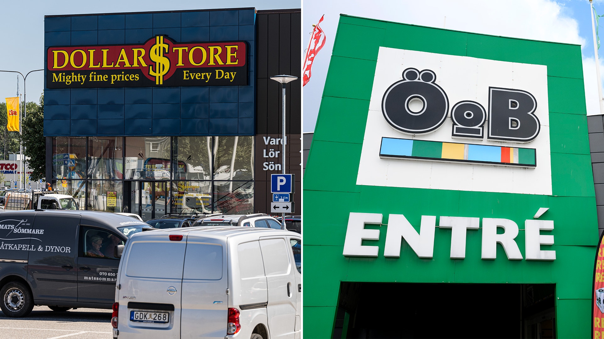 Två butiksfasader: Dollarstore med blå skylt och ÖoB med grön fasad.