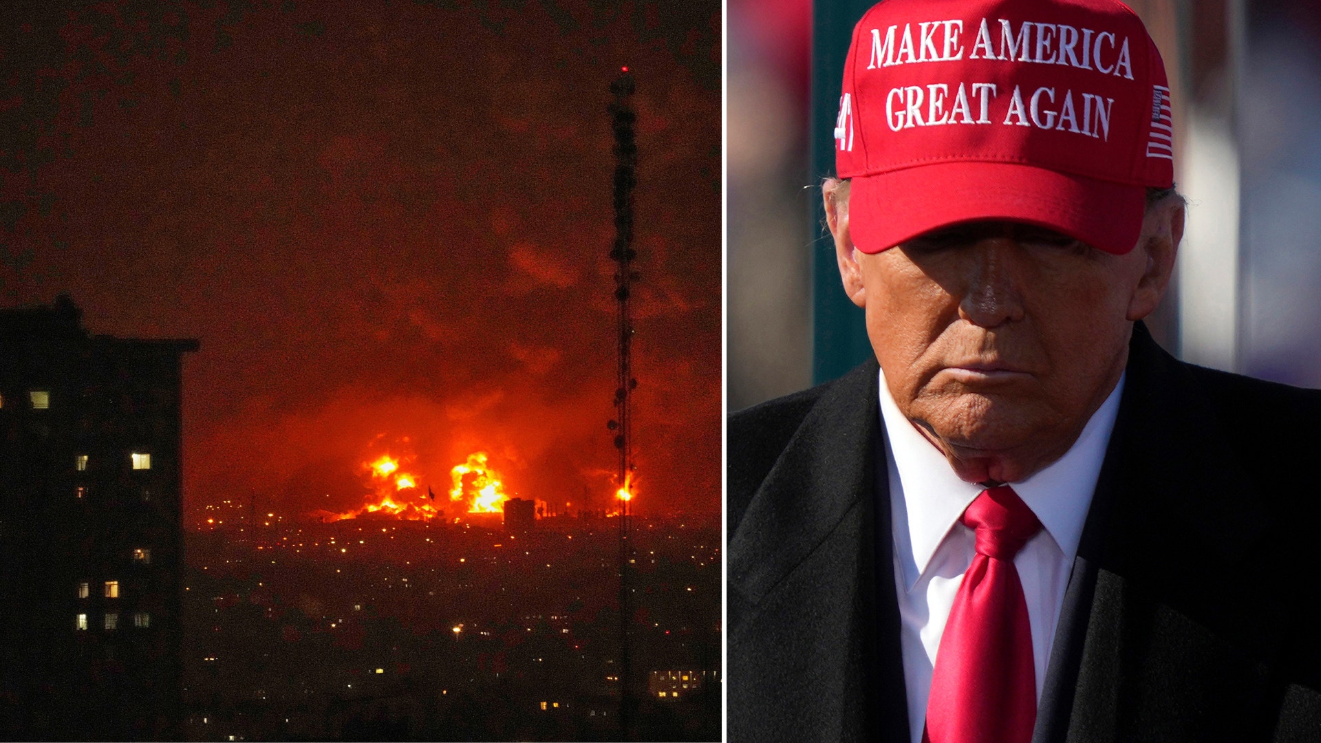 Sammansatt bild med en byggnad i brand på vänster sida och Donald Trump i röd keps på höger sida.