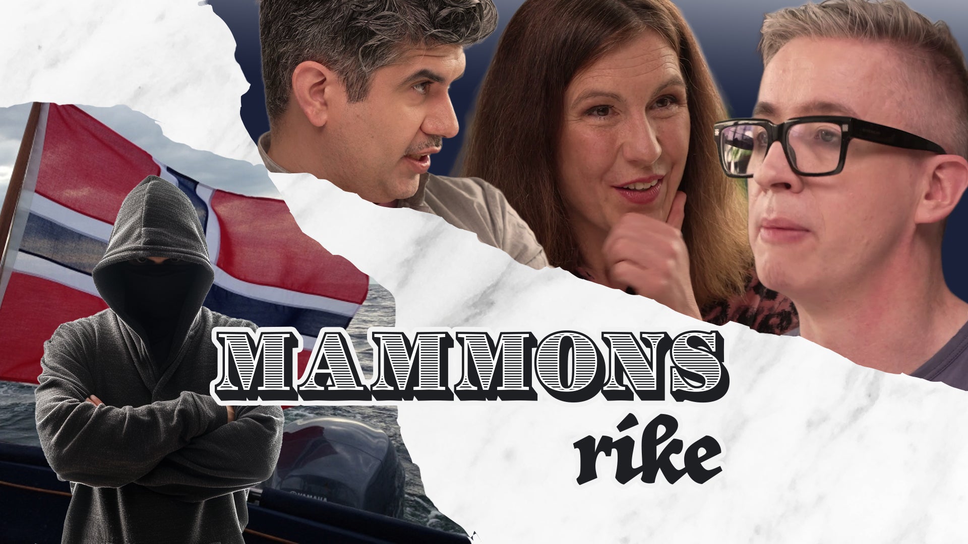 Ett montage med mammons-panelen till höger och en person med luvtröja med maskerat ansikte framför en norsk flagga, till vänster.