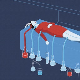 Illustration av en person som ligger på en blå yta med hängande kemiska laboratorieflaskor och provrör under sig.