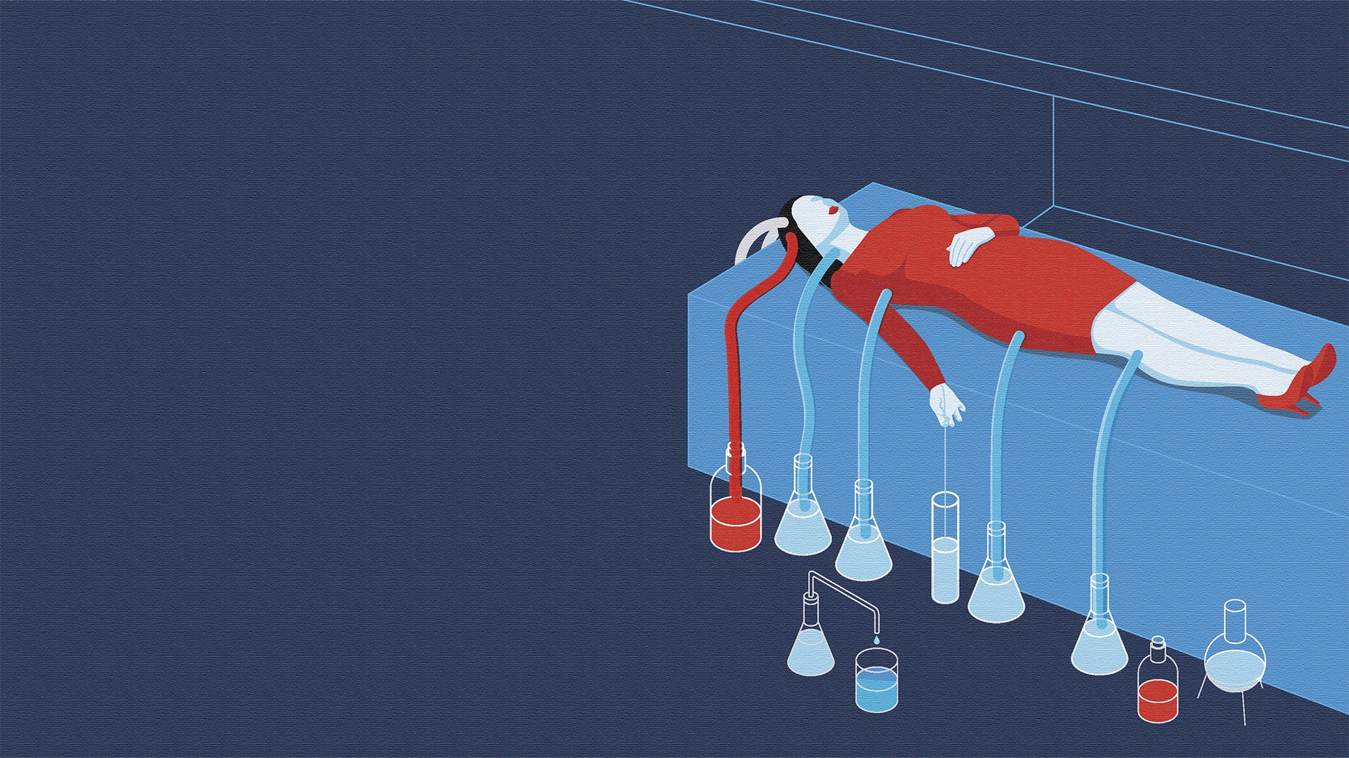 Illustration av en person som ligger på en blå yta med hängande kemiska laboratorieflaskor och provrör under sig.