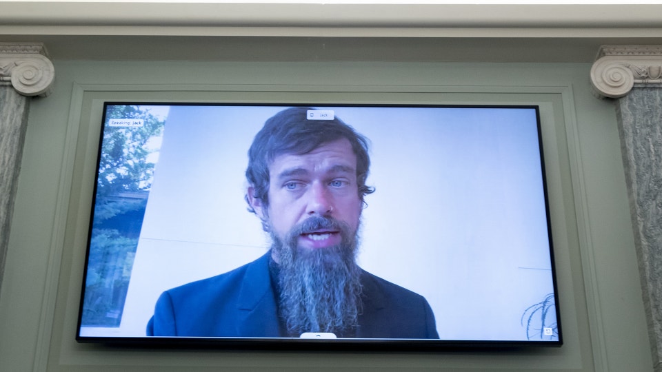 Man med långt skägg på en videoskärm