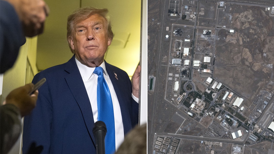 Trump till vänster och en överblick över en iransk atomanläggning till höger.