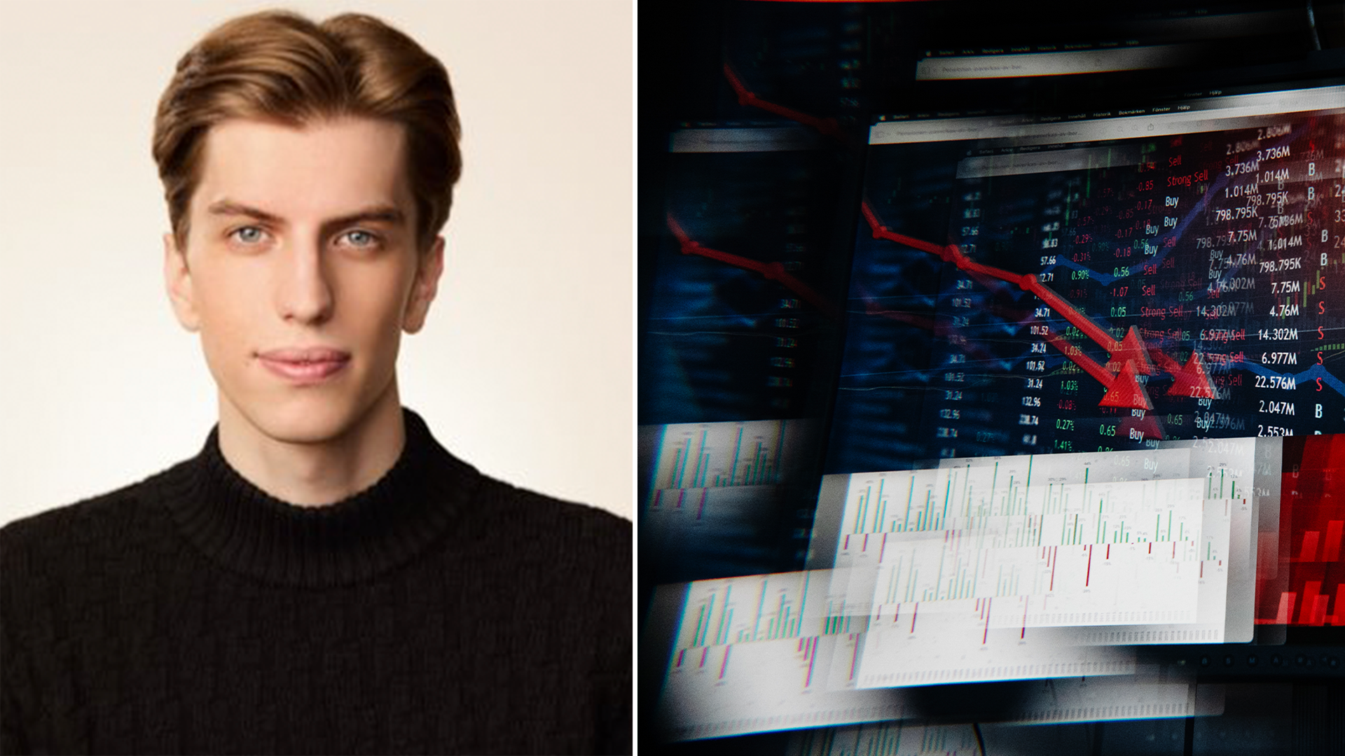 Porträtt av Leopold Aschbrenner tillsammans med finansiella grafer och aktiekursdata
