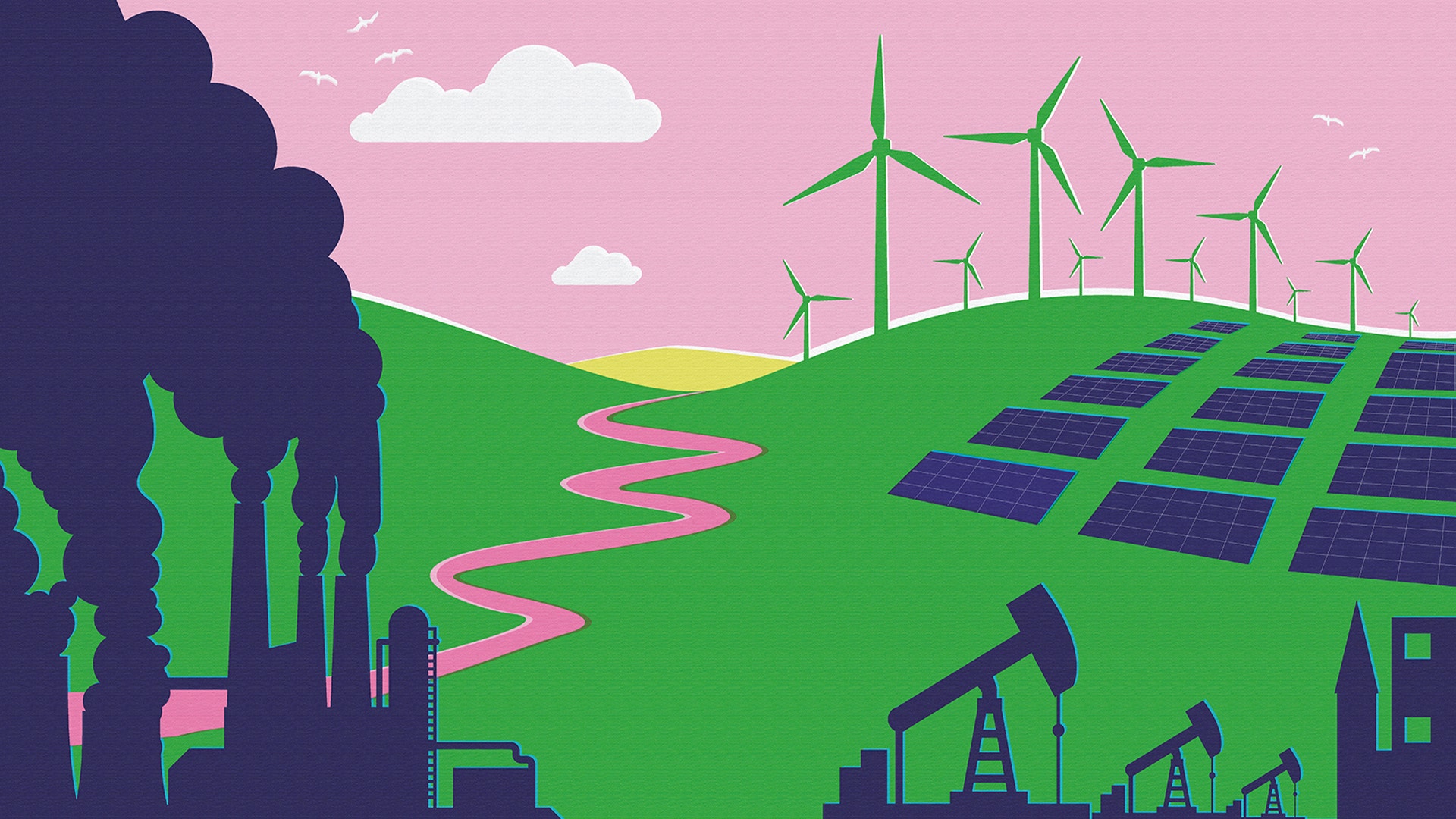 Illustration som visar övergången från fossila bränslen till förnybar energi, med industrianläggningar på vänster sida och vindkraftverk samt solpaneler på höger sida.