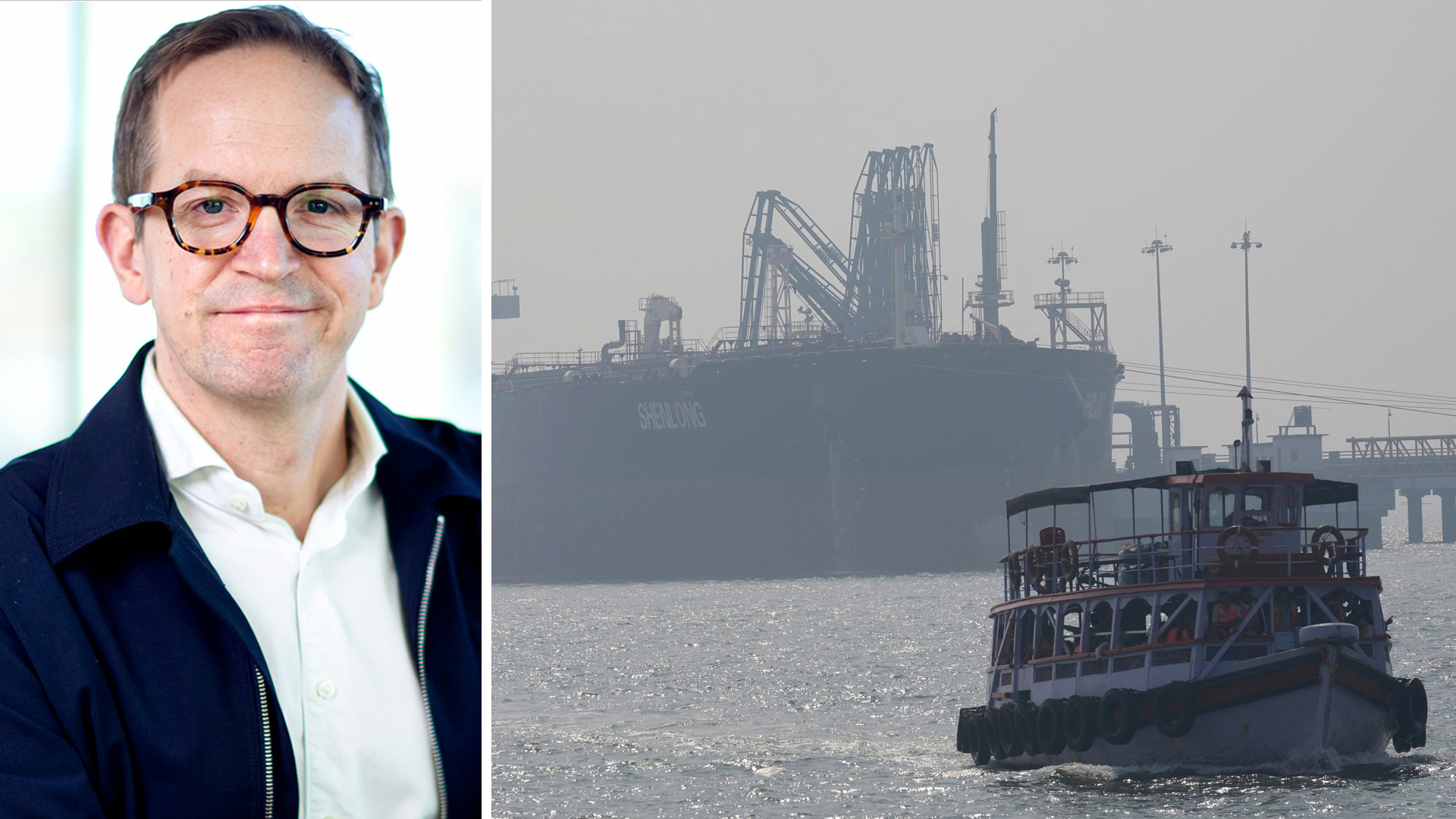 Porträtt av en man i glasögon och affärskläder till vänster, och en färja på havet med ett stort lastfartyg i bakgrunden till höger.