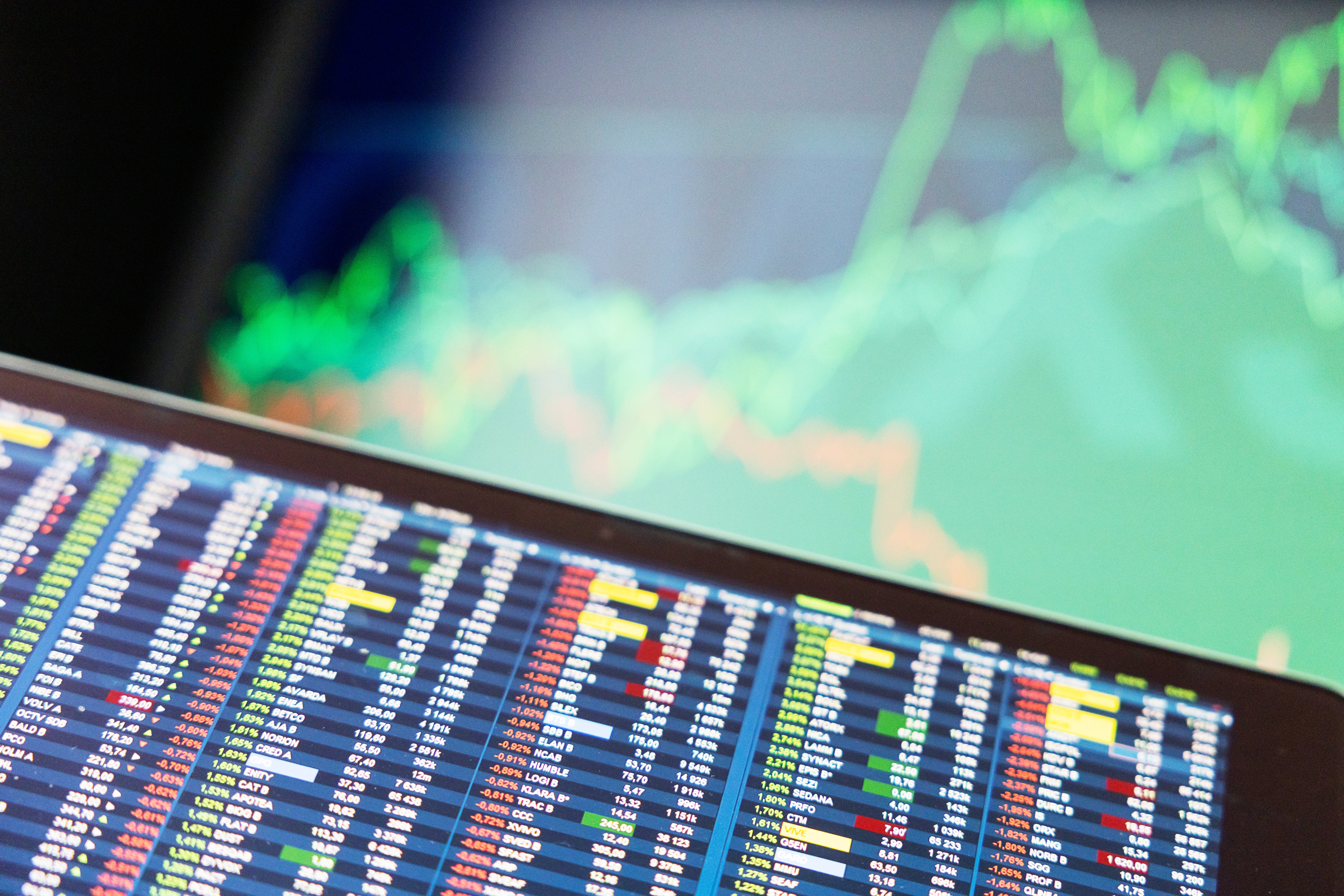 Skärm som visar aktiekurser och finansiell data med ett aktiediagram i bakgrunden.