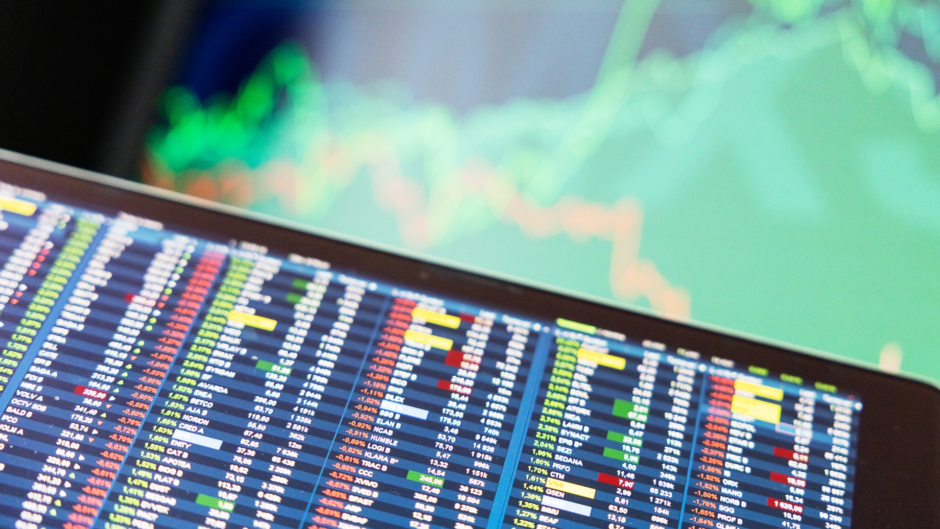 Skärm som visar aktiekurser och finansiell data med ett aktiediagram i bakgrunden.