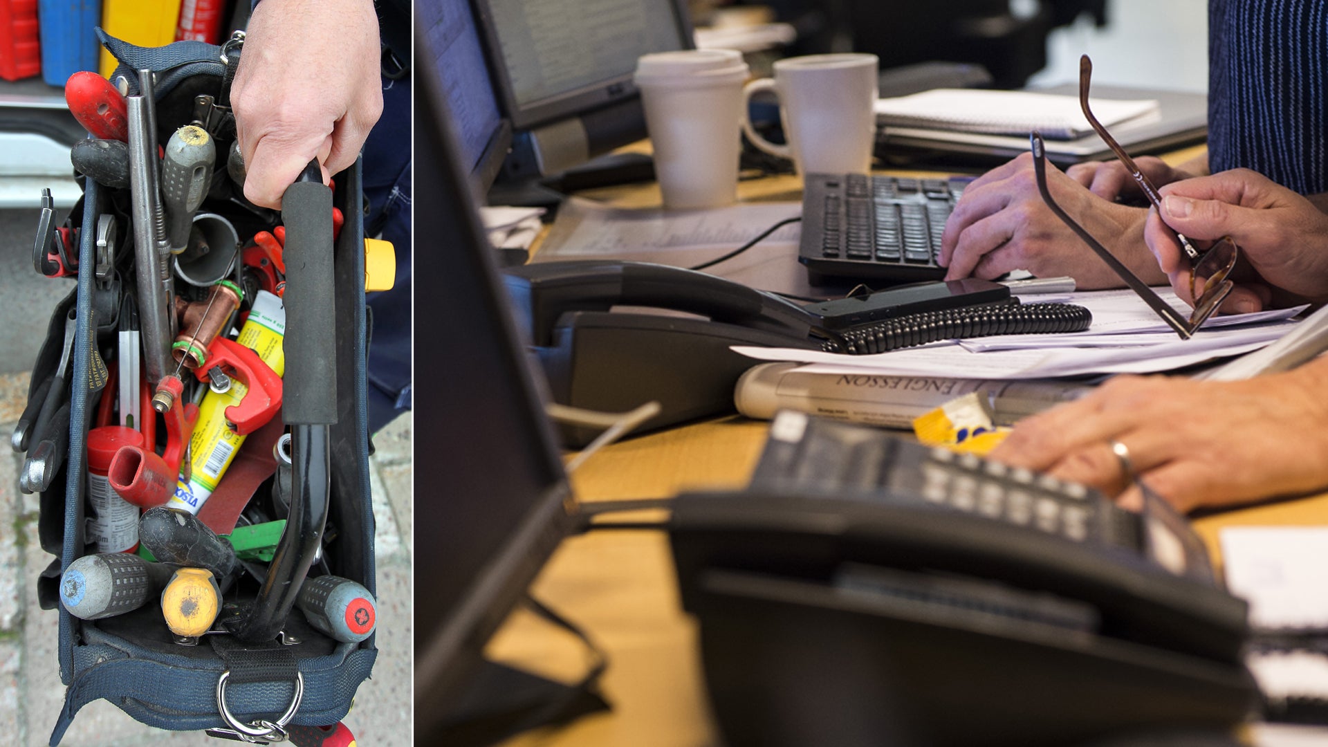 Två bilder som visar en verktygsväska med utrustning på vänster sida och en person som arbetar vid ett skrivbord med dator på höger sida.
