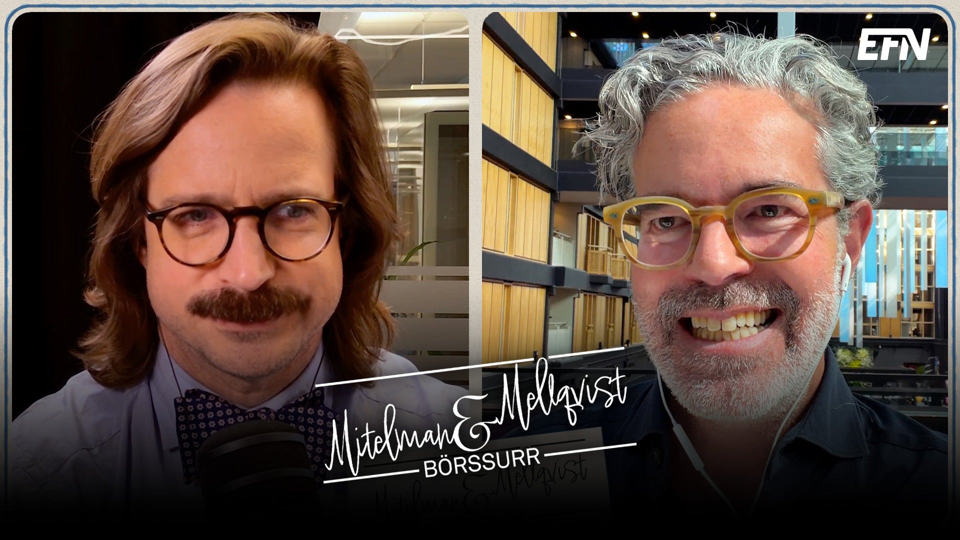 Split-screen porträtt av två personer med glasögon och mustasch. Texten visar Michaelis Holmqvist och Börssurr.