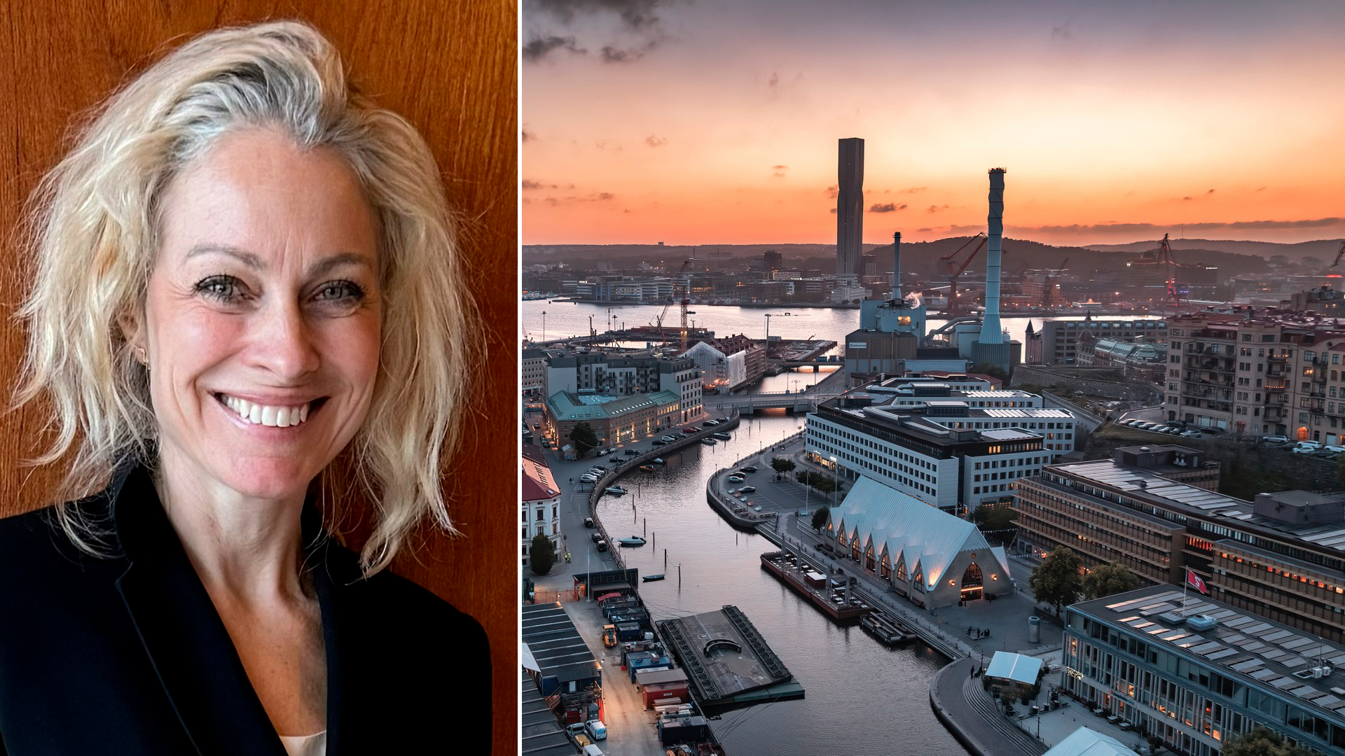 Porträttbild av en kvinna till vänster och luftfoto av Göteborg vid solnedgång till höger, med Göta älv och industriområde.