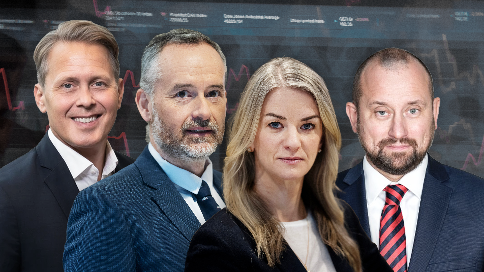 Fyra professionella experter i affärskläder poserar tillsammans för ett gruppfoto.