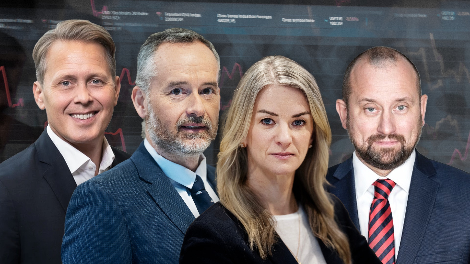 Fyra professionella experter i affärskläder poserar tillsammans för ett gruppfoto.