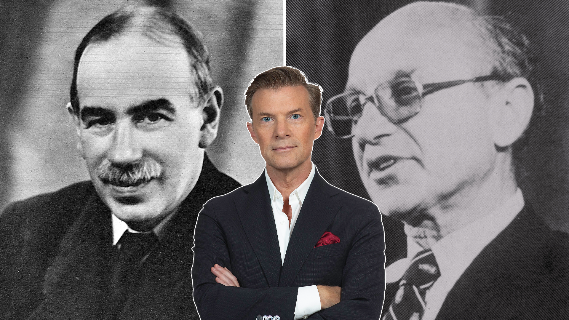 Bildkollage med två svartvita porträtt av äldre män i bakgrunden och en man i kostym med armarna i kors i förgrunden.