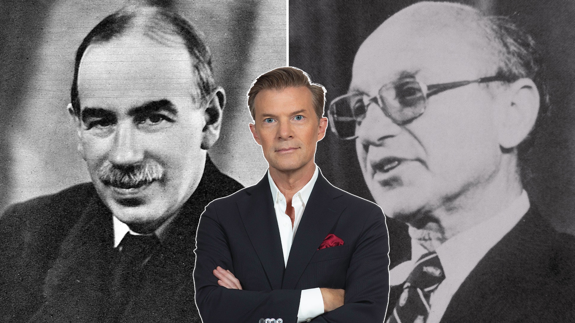 Bildkollage med två svartvita porträtt av äldre män i bakgrunden och en man i kostym med armarna i kors i förgrunden.