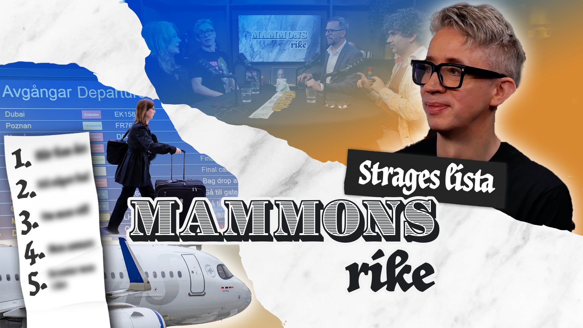 Thumbnail för podcast eller videoavsnitt med titeln 'Strages lista - MAMMONS rike'. Bilden visar en man med glasögon, ett flygplan, en numrerad lista och konferensscener i bakgrunden.