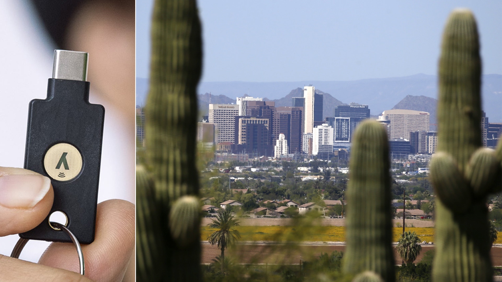 Yubico-chip till vänster och miljöbild över Arizona till höger.