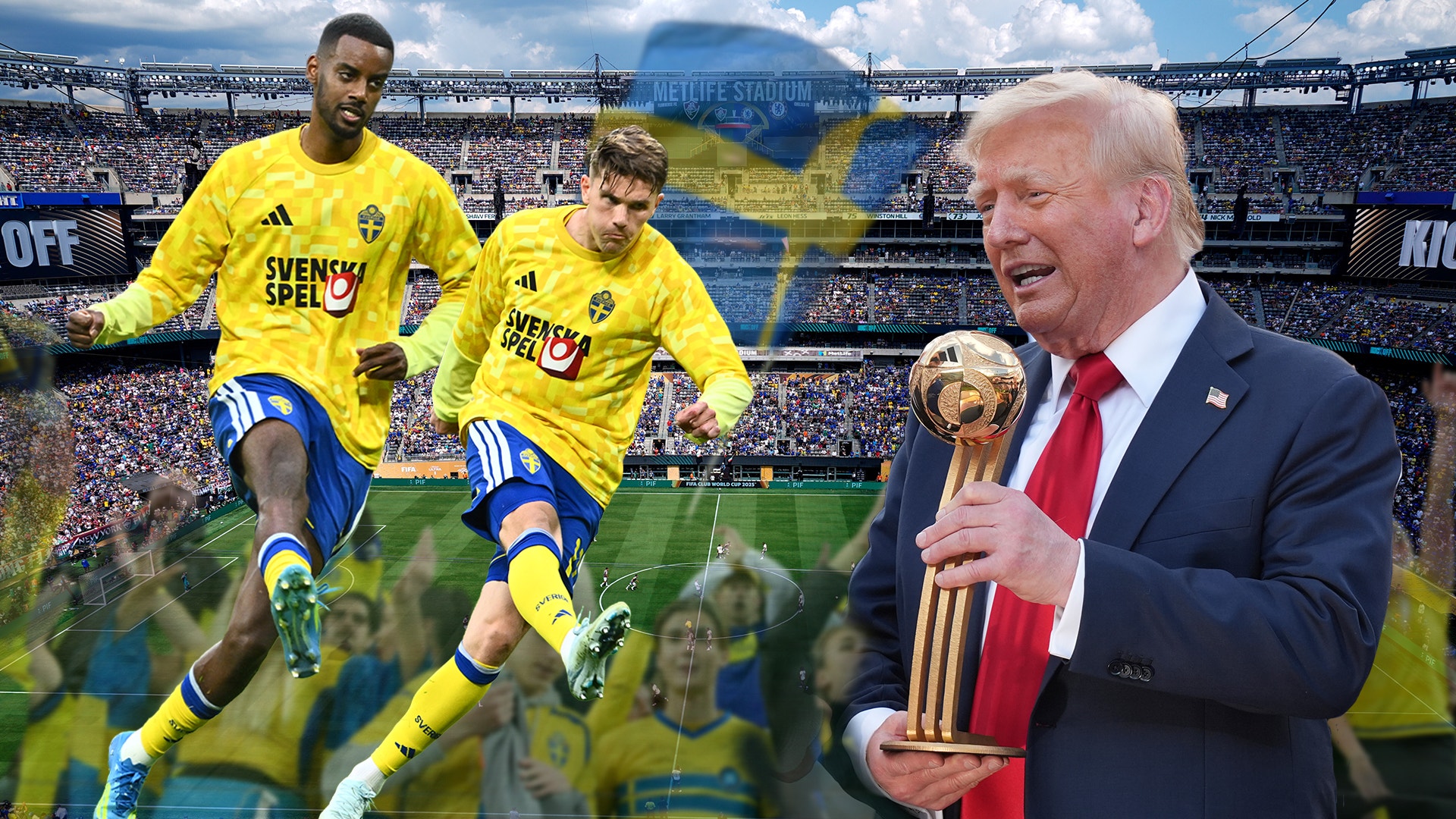 Två fotbollsspelare i gula och blå uniformer spelar på en stor fotbollsstadion. En man i mörk kostym och röd slips håller en guldtrofé.
