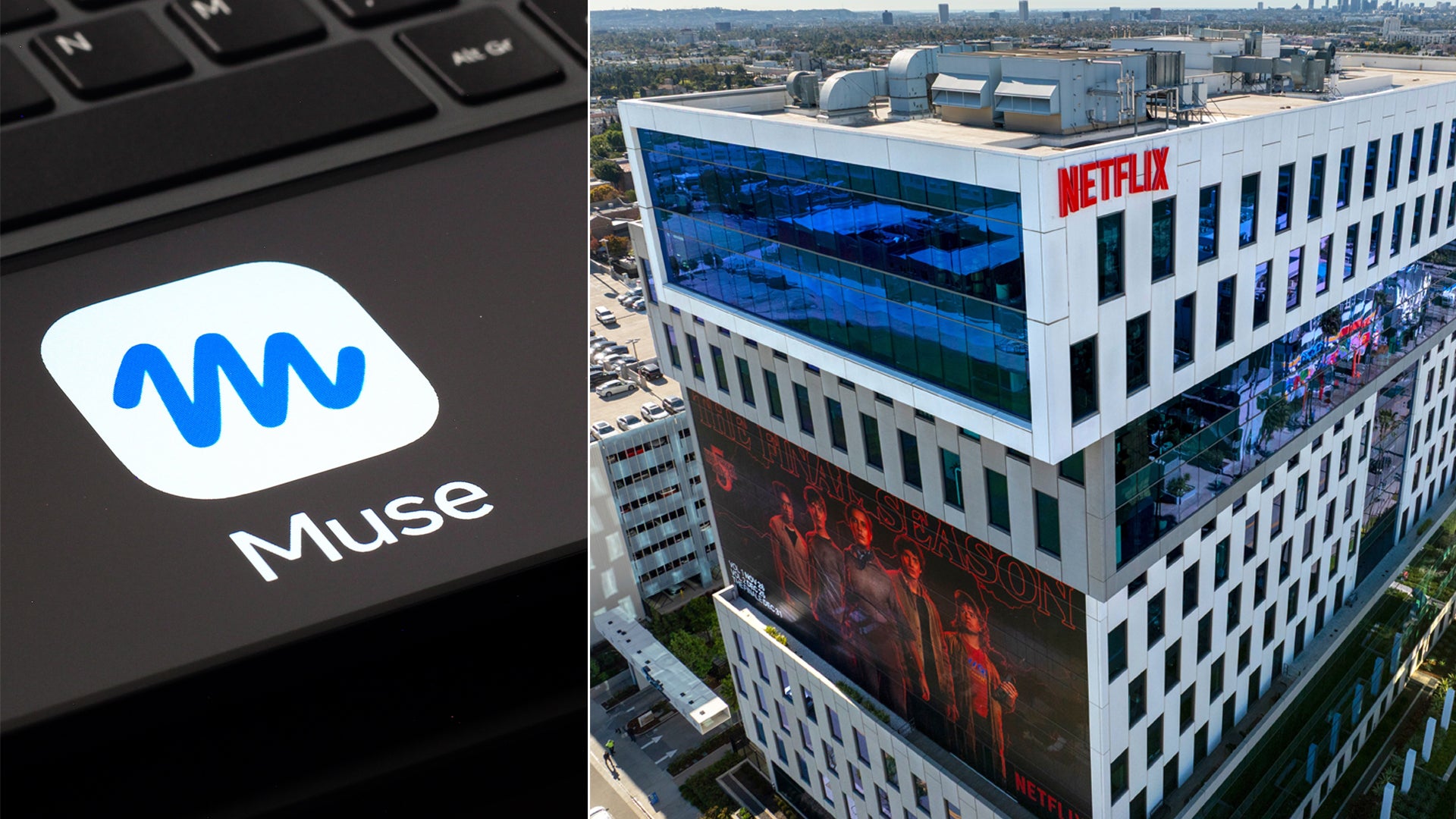 Bildkollage med en app-logotyp för Meta AI-verktyget Muse på en bärbar dator till vänster, och Netflix huvudkontor i Los Angeles till höger.