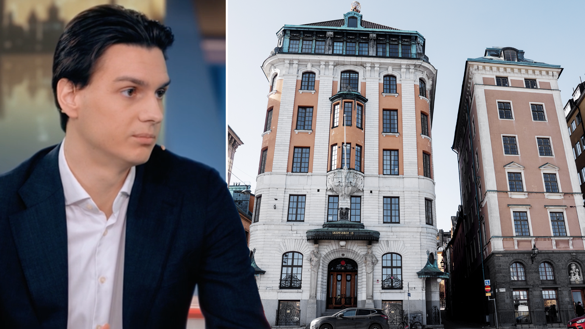 Porträtt av en ung man i affärskläder bredvid historiska europeiska byggnader