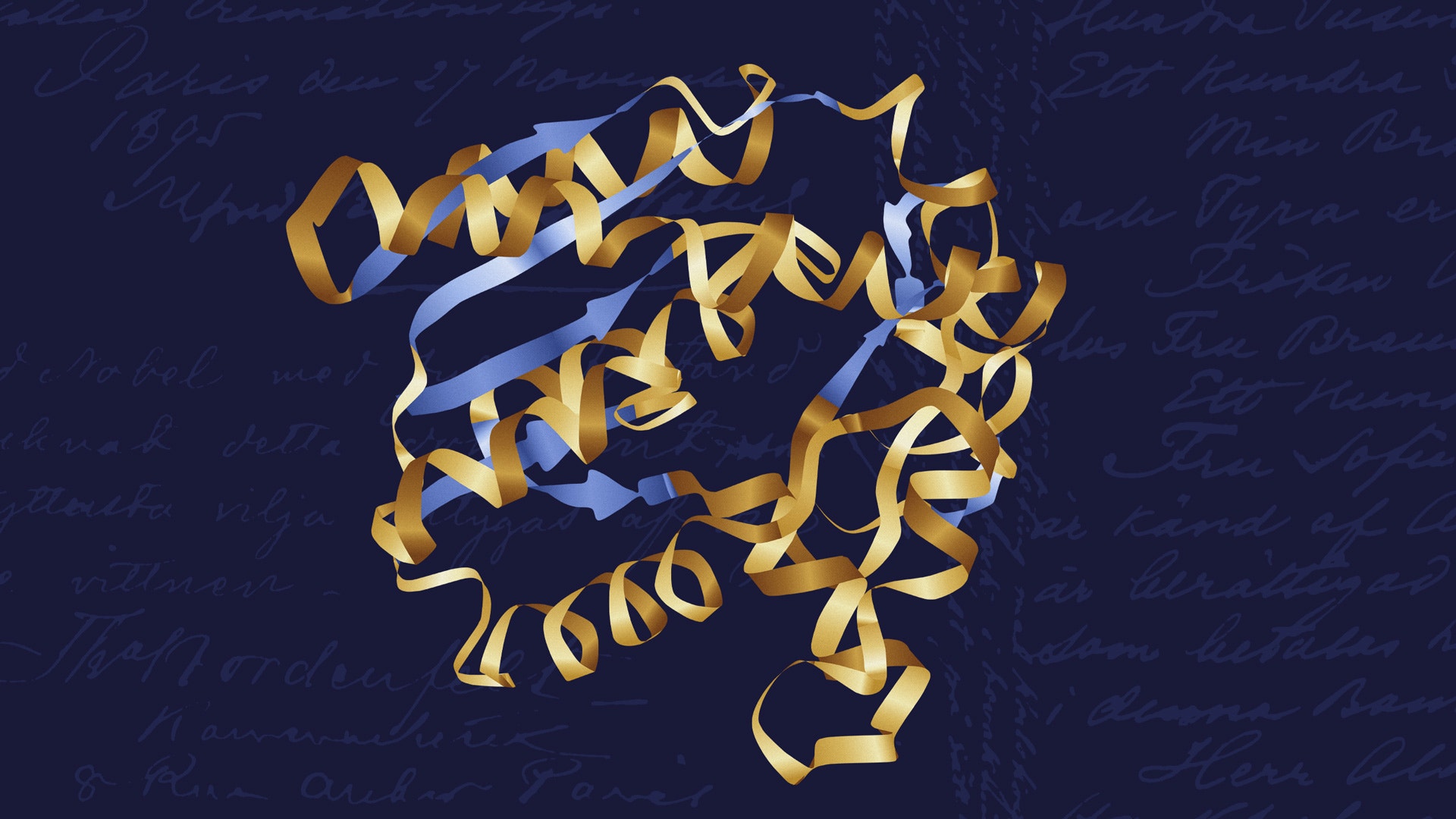 Illustration av ett proteins tredimensionella struktur i guld och blått mot en mörk bakgrund med handskriven text.