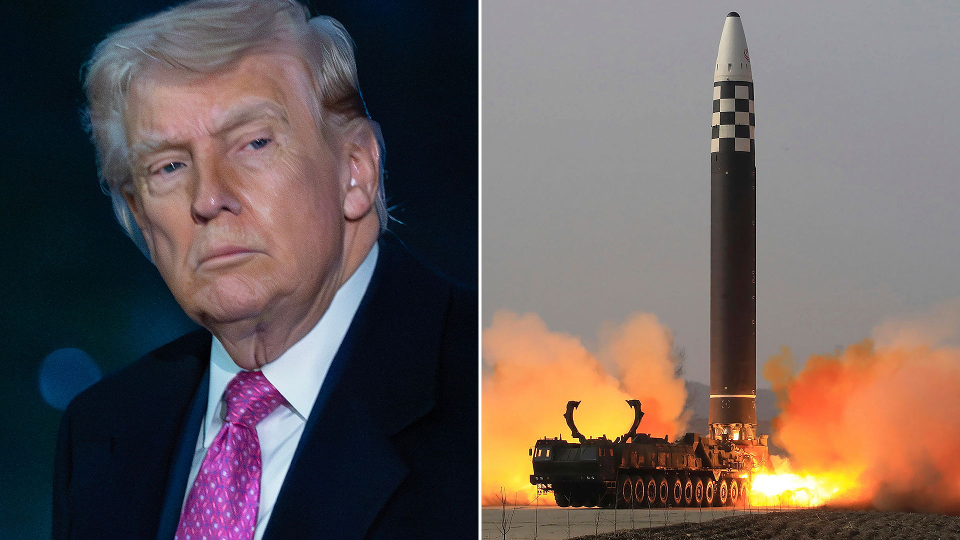 Sammansatt bild med porträtt av Donald Trump till vänster och en missil som lanseras med eldflammor till höger.