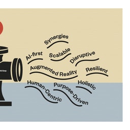 Illustration av en filmprojektor med ett frågetecken som projicerar ord och begrepp som AI, skalbarhet, augmented reality och mänsklig fokusering.