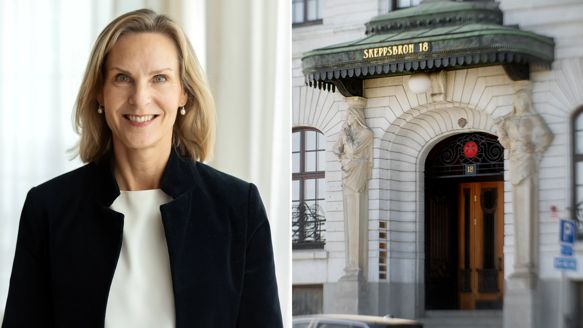 Collage med ett porträtt av en leende kvinna med axellångt blont hår i svart kavaj, och en entré till en ljus stenbyggnad med skylten Skeppsbron 18.