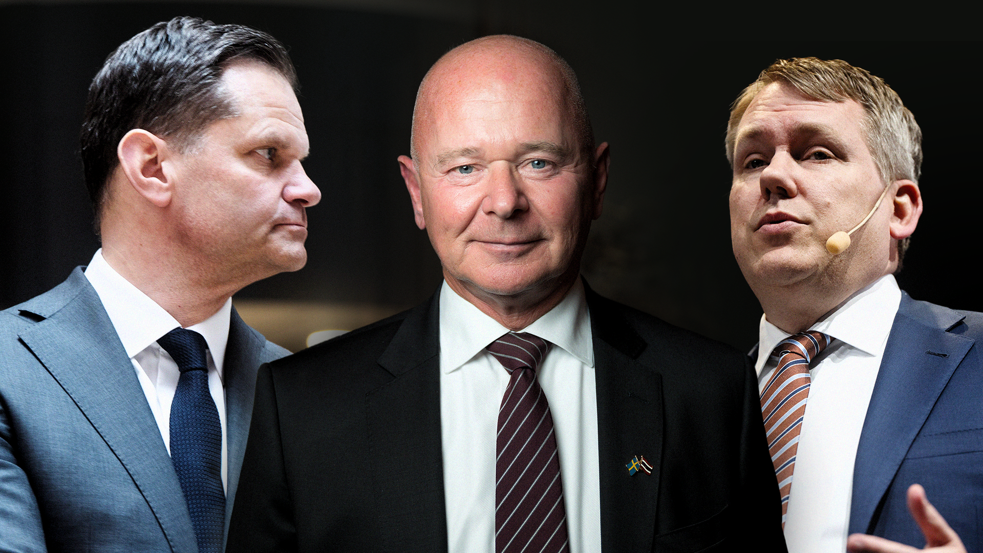 Tre män i kostym och slips fotograferade mot mörk bakgrund.