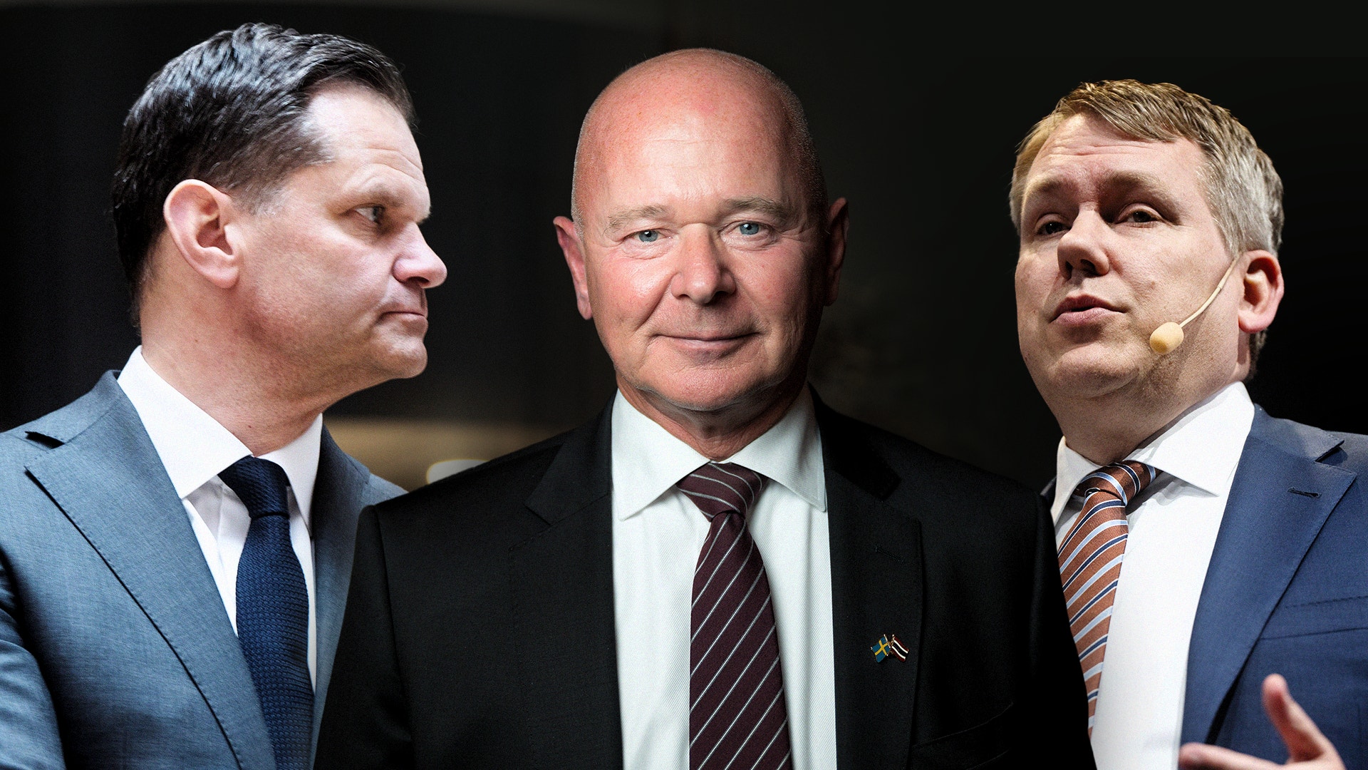 Tre män i kostym och slips fotograferade mot mörk bakgrund.