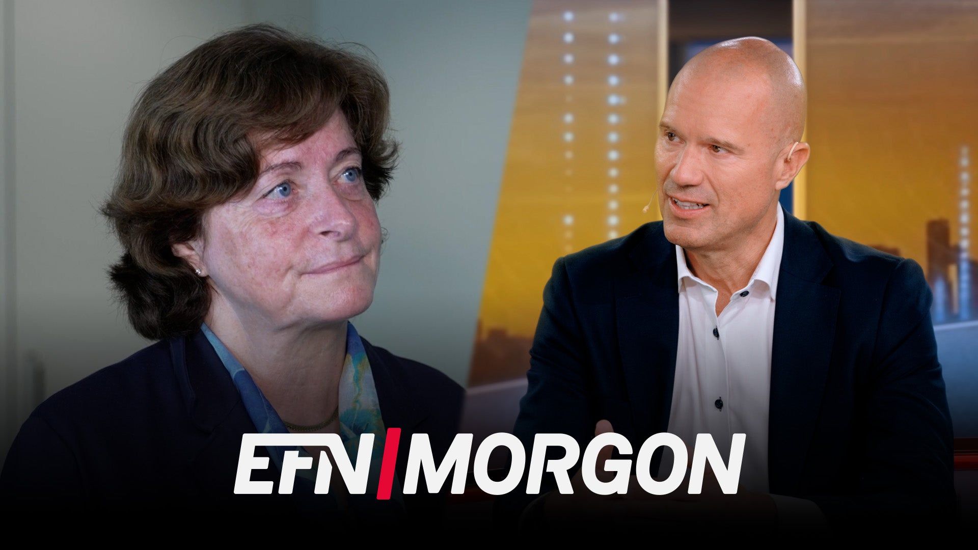 Två personer sitter och samtalar i en studio. En kvinna med mörkt hår och en man i mörk kostym. EFN Morgon-logotypen visas längst ned på bilden.
