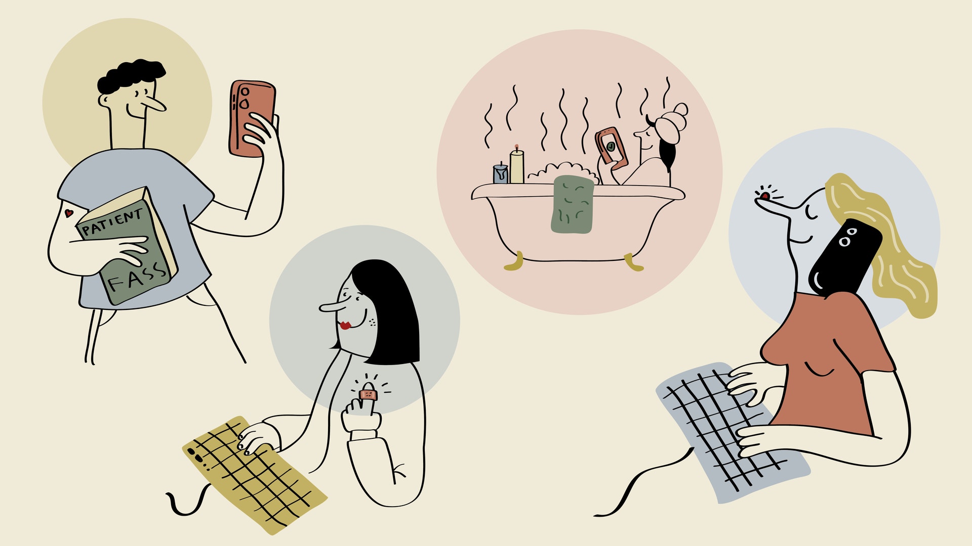 Illustration som visar fyra personer som använder olika digitala enheter för nätläkarvård och telemedicin.