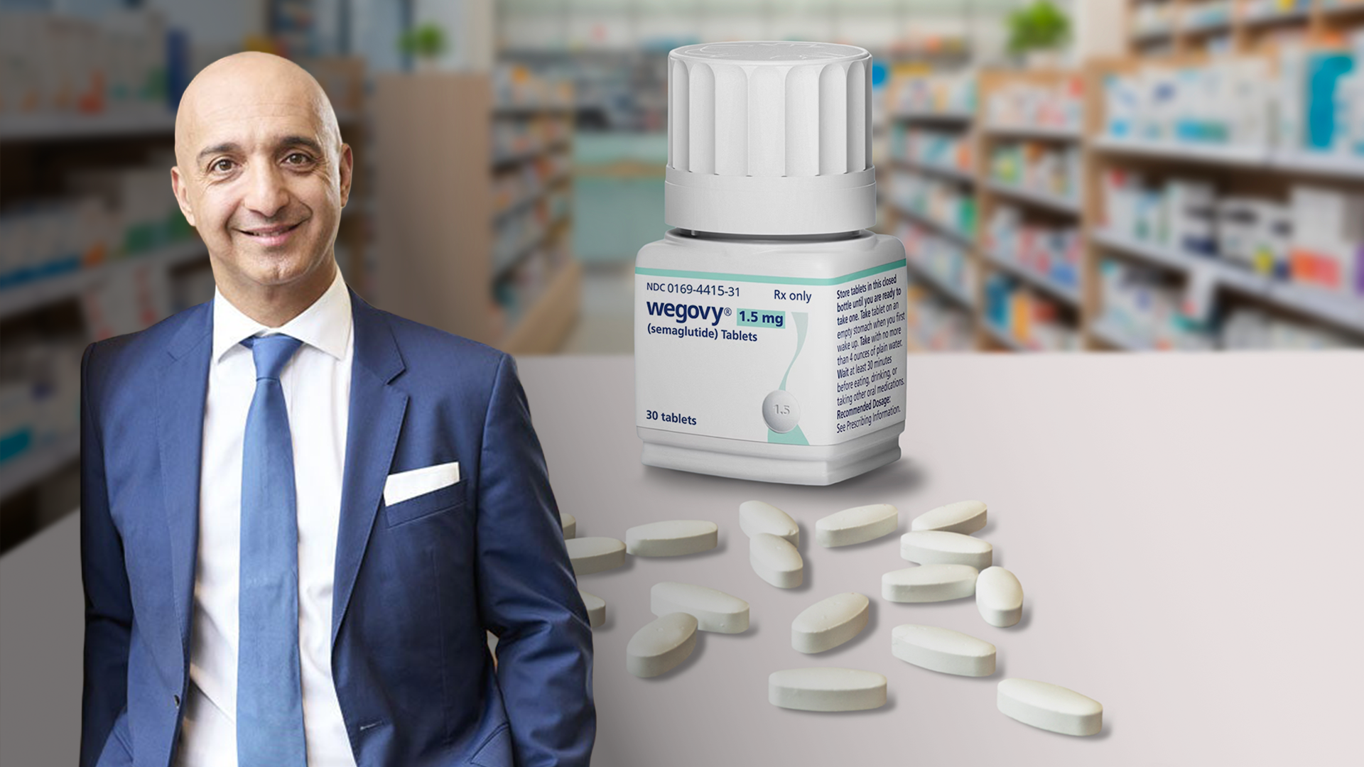 Apoteksmiljö med man i blå kostym bredvid en Wegovy-burk och tabletter