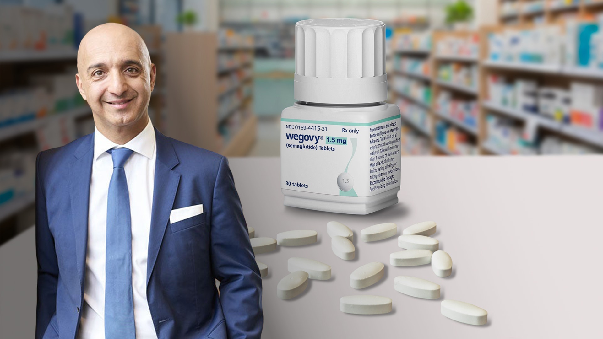 Apoteksmiljö med man i blå kostym bredvid en Wegovy-burk och tabletter