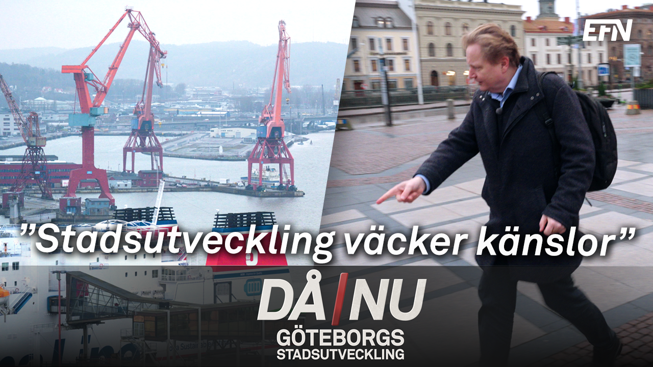 Lyftkranar till vänster och Kristian Wedel som pekar på marken till höger.