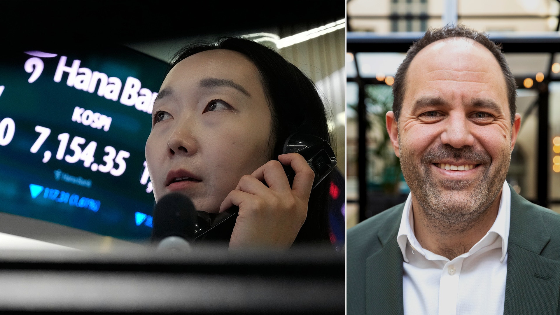 Sammansatt bild som visar två personer: en person som granskar finansiella data på en skärm och en man i affärskläder.