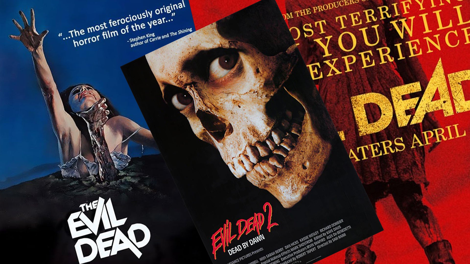 Två filmaffischer från skräckfilmserien The Evil Dead, med skelettansikte och dramatisk design.