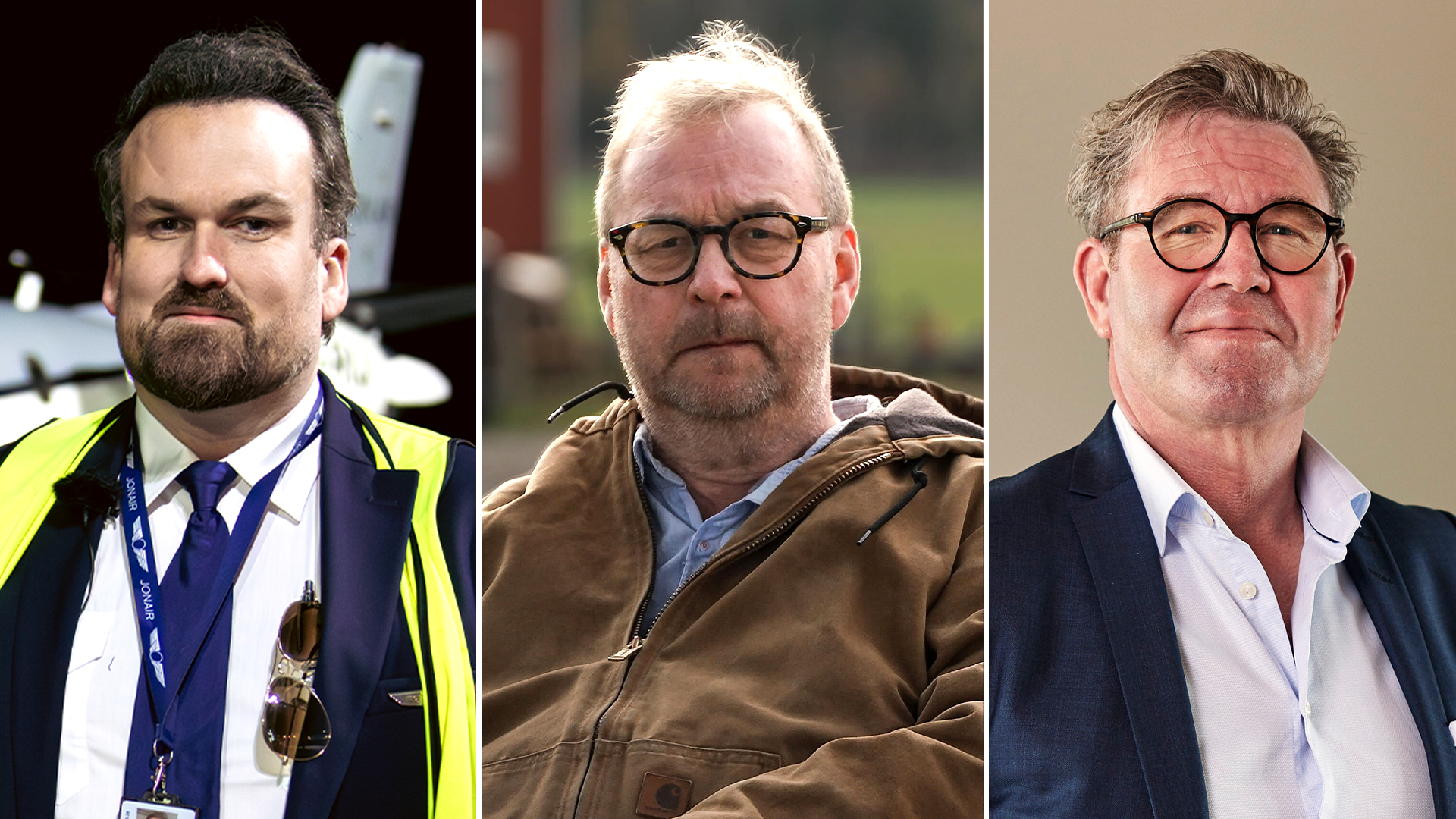 Porträtt av tre män i professionella miljöer