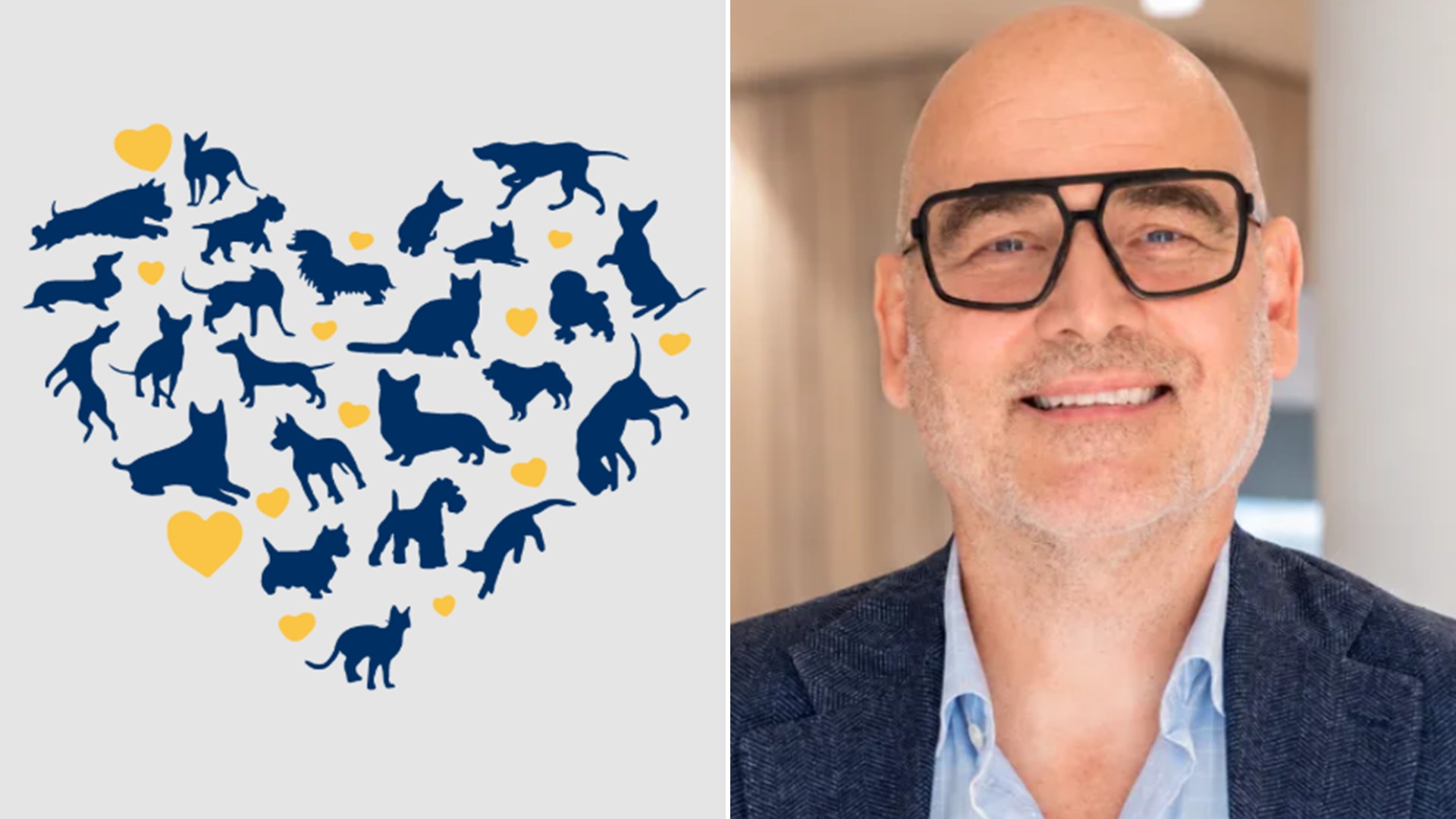Swedencares logotyp med hjärta format av djursilhuetter, bredvid ett porträtt av en leende man med glasögon.