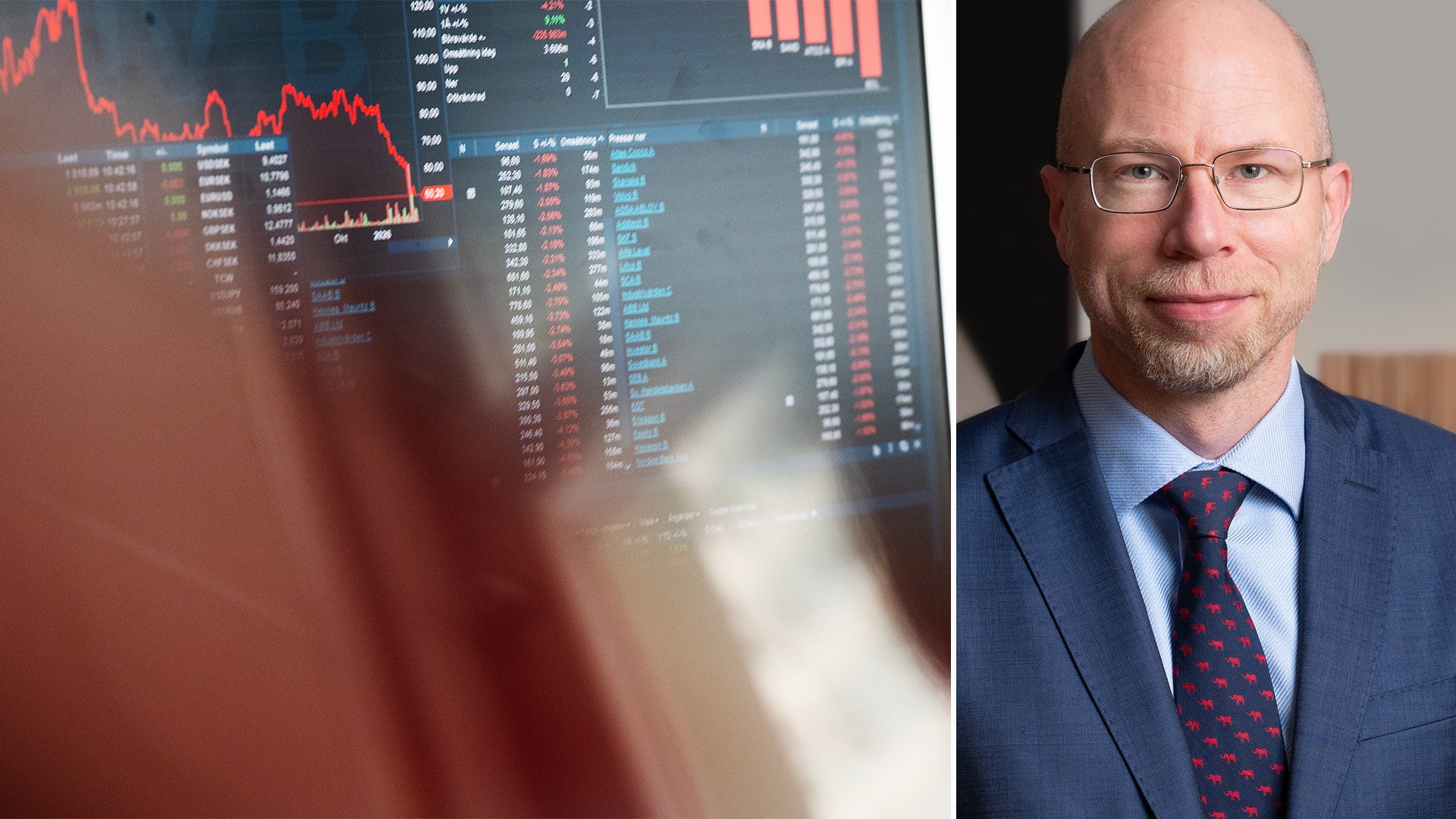 Sammansatt bild med finansiella grafer och data på vänster sida, och porträtt av en man med glasögon och blå kavaj på höger sida.