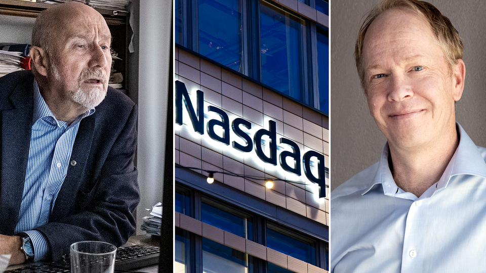 Per H Börjesson till vänster. Nasdaq-skylt i mitten. Daniel Dahlin till höger.