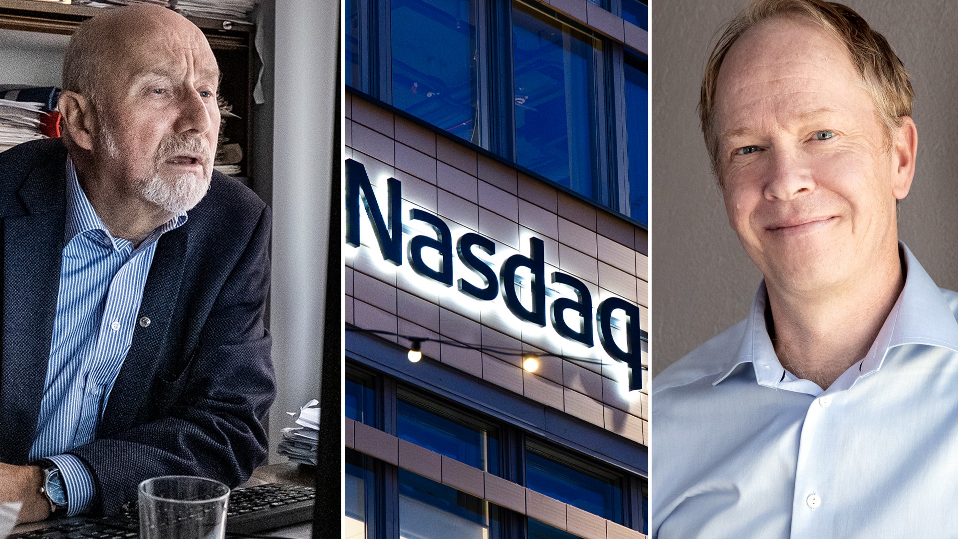 Per H Börjesson till vänster. Nasdaq-skylt i mitten. Daniel Dahlin till höger.