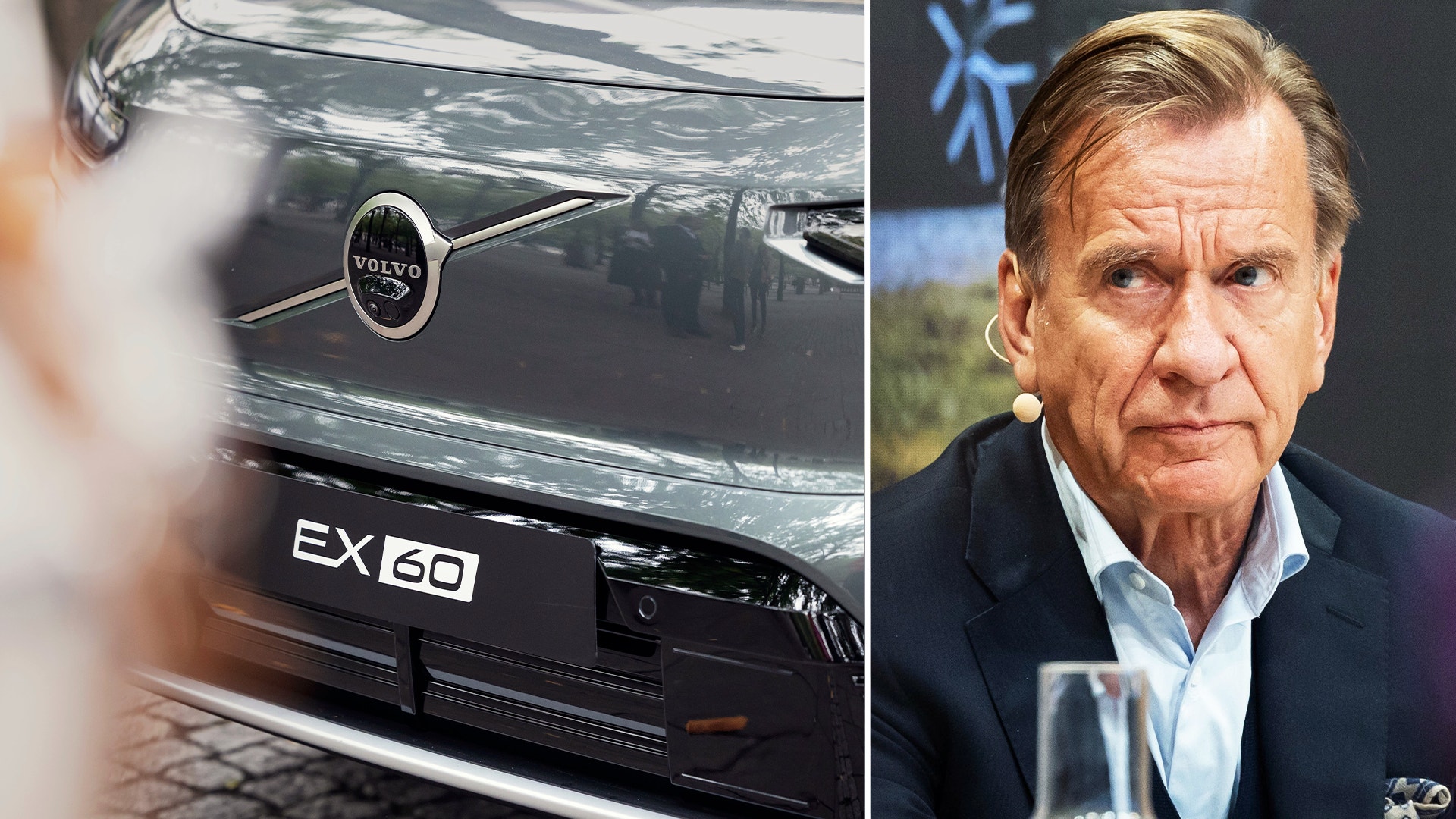 Delad bild. Till vänster syns fronten på en grå Volvo EX60. Till höger syns Håkan Samuel, en allvarlig man i kostym.