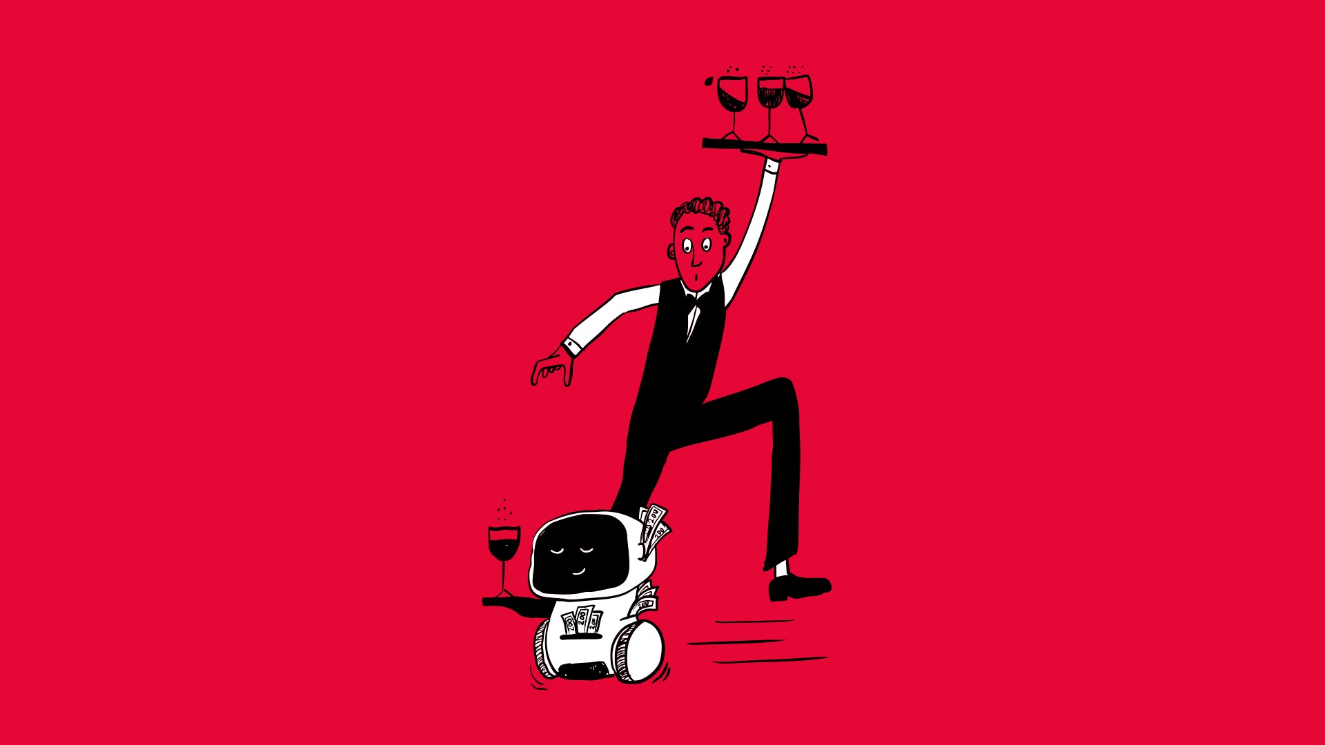 Illustration av en person i smoking som jonglerar vinglas medan han står på en liten robot mot röd bakgrund.