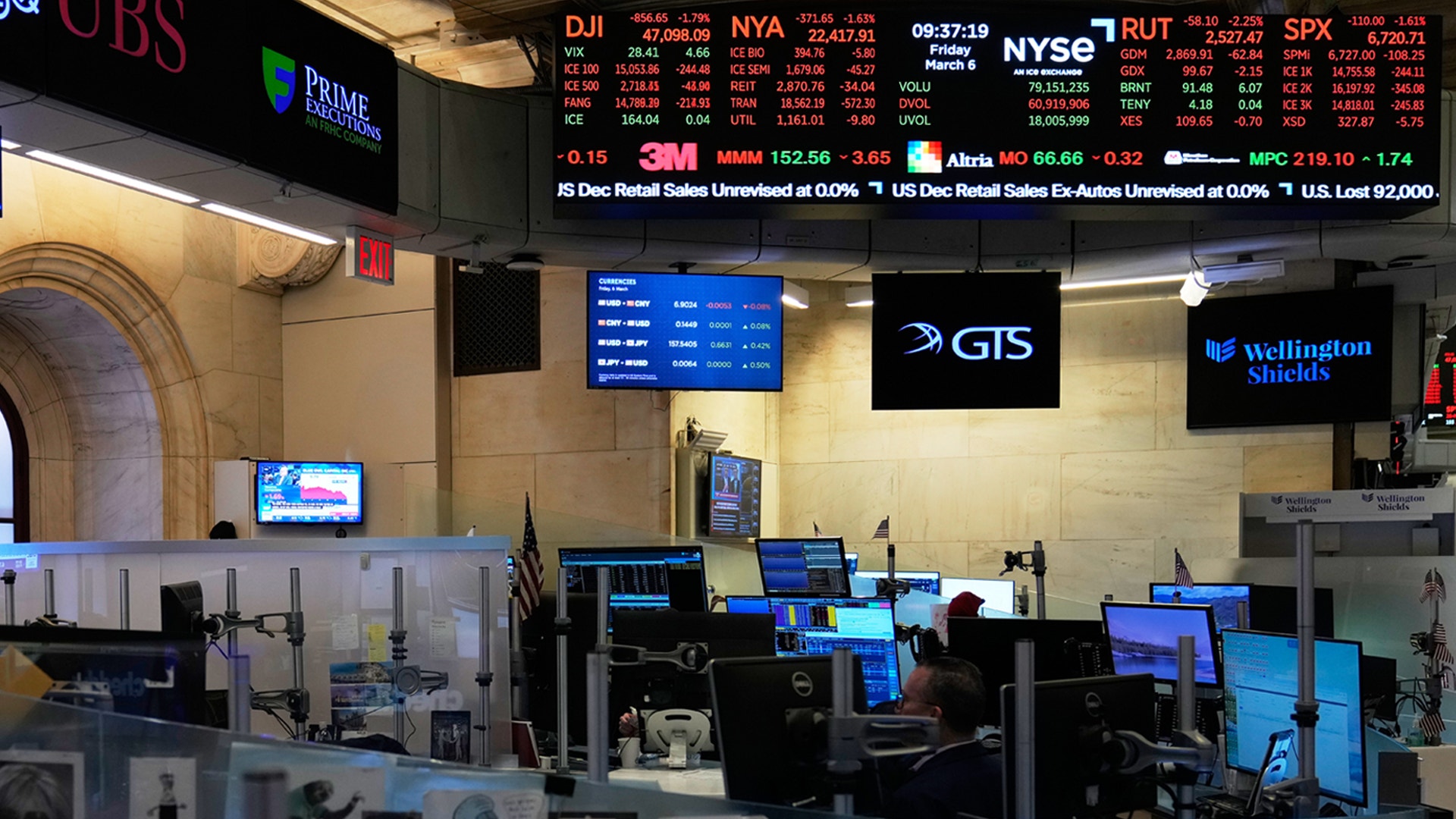 Handelsgolvet på New York Stock Exchange med datorskärmar, elektroniska prisvisningar och aktieindex på väggarna.