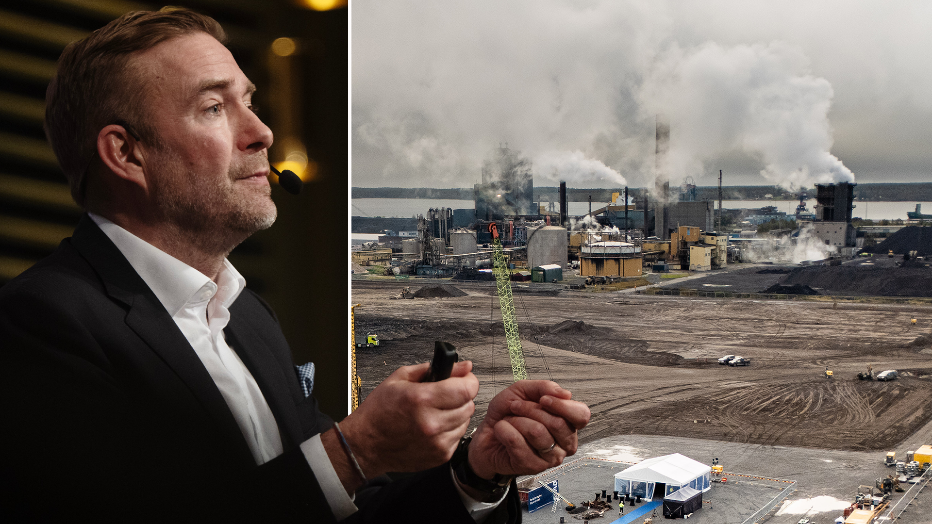 En man i kostym och vit skjorta ses i profil på vänster sida. Till höger visas ett stort industriellt anläggningsområde med flera fabriksskorstenar som utsöndrar tjock vit och grå rök. Området omges av grusiga marker och byggnader, vilket illustrerar industriell produktion och dess miljöpåverkan.