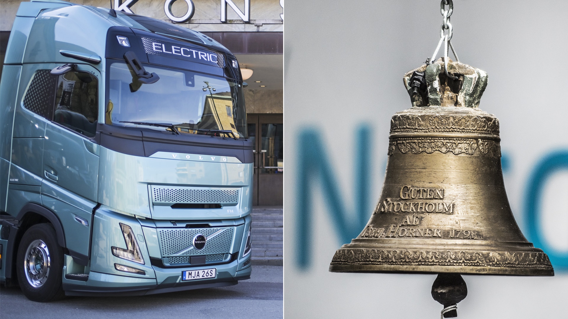 Volvo-lastbil till vänster och börsklocka till höger.