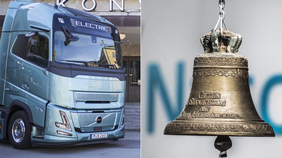 Volvo-lastbil till vänster och börsklocka till höger.